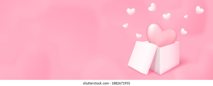 3D gift box with heart flying on pink banner background. Love concept design for happy mother's day, valentine's day, birthday day. Paper art illustration.