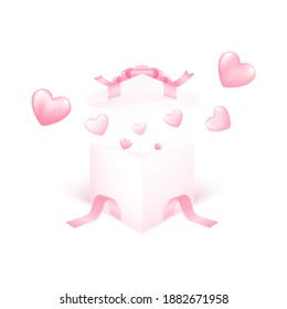 3D gift box with heart flying on pink background. Love concept design for happy valentine's day. Poster and greeting card template. Vector art illustration.
