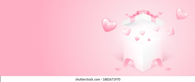3D gift box with heart flying on pink banner background. Love concept design for happy mother's day, valentine's day, birthday day. Paper art illustration.