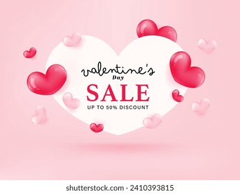 3d gift box and heart frame paper cut on pink background. Valentine's day greeting promotion sale discount offer.