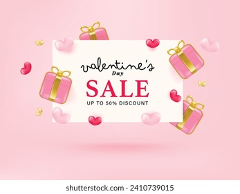 3d gift box and heart frame paper cut on pink background. Valentine's day greeting promotion sale discount offer.