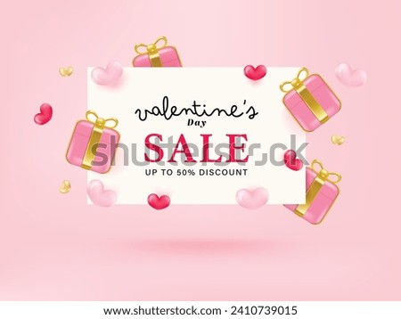 3d gift box and heart frame paper cut on pink background. Valentine's day greeting promotion sale discount offer.