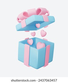 3D Geschenkbox mit Herzen. Valentinstag-Design.