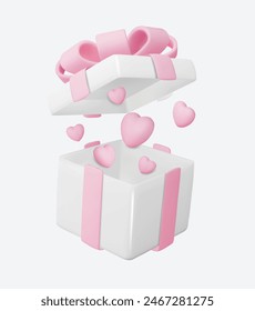 3D Geschenkbox mit Herzen. Valentinstag-Design.