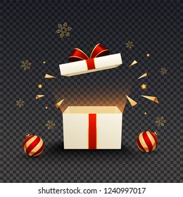 3d Gift Box Illustration With Glossy Baubles And Snowflakes On Black Png Background.