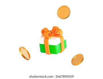 3d gift box with Indian flag colors and flying gold coins. Stock vector illustration on isolated background.