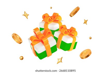 Caja de regalo 3d con colores de la bandera de la India y monedas y bolas de rupias indias de oro volador. Ilustración vectorial de stock sobre fondo aislado.	

