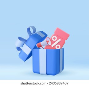 3d gift box with label with a percentage sign and megaphone . Creative concept of online bargain shopping. 3d rendering. Vector illustration