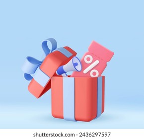 3d gift box with label with a percentage sign and megaphone . Creative concept of online bargain shopping. 3d rendering. Vector illustration