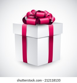 3d gift box with magenta bow. Realistic vector illustration. 