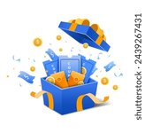 3d gift box opening with coupons or vouchers, flying gold coins, dollars, confetti and ribbon. Holiday sale, lucky win surprise, benefit reward program offer, online shopping bonus. 3D vector isolated