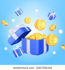 3 quinquies caja de regalo con monedas de oro volantes y caja de regalo. El concepto de bono criptomonetario. Abriendo caja de regalo con monedas, porcentaje y pago. 3.ª ilustración vectorial