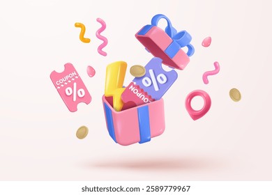 3d gift box opening simplicity icon signs with confetti. Firecracker explodes with ribbon for surprise, giving winner award, birthday party and anniversary. 3d gift box icon vector render illustration