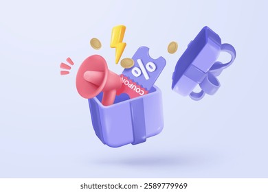 3d gift box opening simplicity icon signs with confetti. Firecracker explodes with ribbon for surprise, giving winner award, birthday party and anniversary. 3d gift box icon vector render illustration