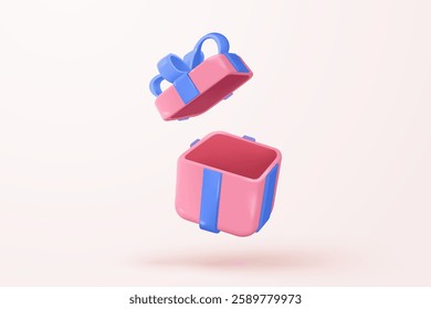 3d gift box opening simplicity icon signs with confetti. Firecracker explodes with ribbon for surprise, giving winner award, birthday party and anniversary. 3d gift box icon vector render illustration