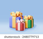 3D gift box pile isolated. Render collection of colorful wrapped box. Christmas. New year, sale, shopping. Present box with bows ribbons. Giftbox for valentine, birthday, holiday. Vector illustration