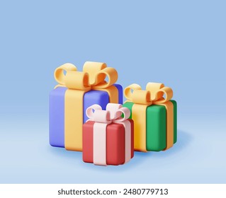 3D gift box pile isolated. Render collection of colorful wrapped box. Christmas. New year, sale, shopping. Present box with bows ribbons. Giftbox for valentine, birthday, holiday. Vector illustration