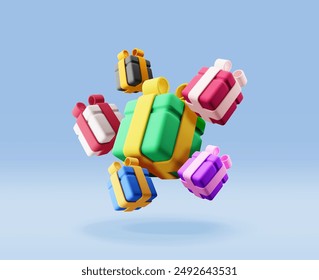 3D gift box pile isolated. Render collection of colorful wrapped box. Christmas. New year, sale, shopping. Present box with bows ribbons. Giftbox for valentine, birthday, holiday. Vector illustration