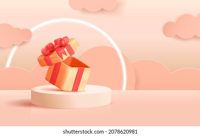 3d gift box podium. Display present product, open modern platform for cosmetic, christmas surprise, party round stage, fashion scene, banner minimal pastel tidy vector illustration