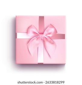 3D Gift box present vector with pink ribbon top view. Realistic birthday or Christmas surprise template on white background. Festive holiday celebration mockup for love, wedding and party design.