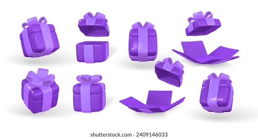 3d gift box with purple bow. Plastic box with shadow isolated on light background. Vector illustration.