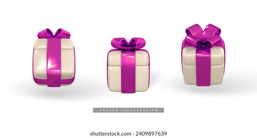 3D Geschenkbox mit violetter Schleife. Plastikbox mit Schatten einzeln auf hellem Hintergrund. Vektorgrafik.