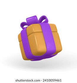 3d gift box with purple bow. Plastic box with shadow isolated on light background. Vector illustration.