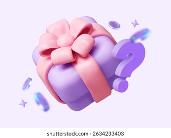 3D Gift Box with a Question Mark and Holographic Coins. A concept of surprise, bonus, and mystery.. Vector creative illustration. 