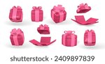 3d gift box with red bow. Plastic box with shadow isolated on light background. Vector illustration.