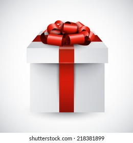 3d gift box with red bow. Realistic vector illustration. 