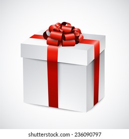 3d gift box with red bow. Realistic vector illustration. 