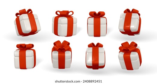 3d gift box with red bow. Plastic box with shadow isolated on light background. Vector illustration.