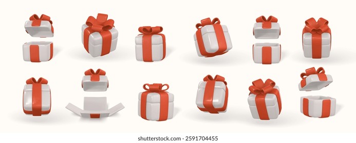3d gift box with red bow. Plastic box with shadow isolated on light background. Vector illustration.