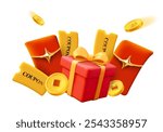 3d gift box with red envelope lucky money, golden coins and coupons flying around, isolated on white background. Cash back gift voucher in 3d vector concept.