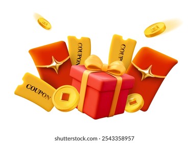 3d gift box with red envelope lucky money, golden coins and coupons flying around, isolated on white background. Cash back gift voucher in 3d vector concept.