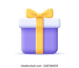 3d gift box with ribbon bow icon. Render gift box for surprise, birthday, holiday and online shopping concept. 3d giftbox vector cartoon minimal illustration