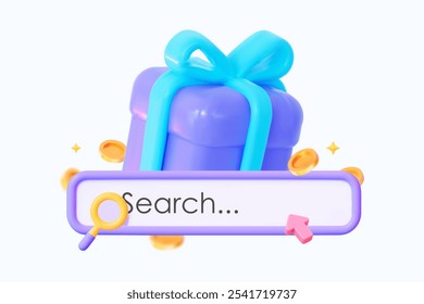 3D Gift Box with Search Bar and Coins. Suitable for gift searches and holiday discounts. Vector illustration.