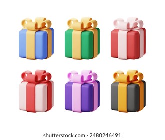 3D gift box set isolated. Render Collection of colorful wrapped box. Christmas, new year, sale, shopping. Present box with bows ribbons. Giftbox for valentine, birthday, holiday. Vector illustration