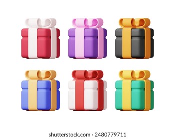 3D gift box set isolated. Render Collection of colorful wrapped box. Christmas, new year, sale, shopping. Present box with bows ribbons. Giftbox for valentine, birthday, holiday. Vector illustration