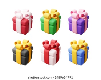 Conjunto de caja de regalo 3D aislado. Representar la Colección de la caja envolvente de colores. Navidades, año nuevo, venta, compras. Caja de regalo con lazos y cintas. Caja de regalo para San Valentín, cumpleaños, vacaciones. Ilustración vectorial