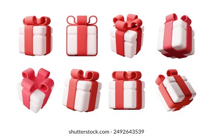 3D gift box set isolated. Render collection of colorful wrapped box. Christmas, new year, sale, shopping. Present box with bows ribbons. Giftbox for valentine, birthday, holiday. Vector illustration