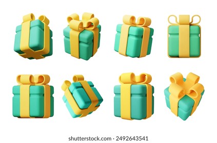 3D gift box set isolated. Render collection of colorful wrapped box. Christmas, new year, sale, shopping. Present box with bows ribbons. Giftbox for valentine, birthday, holiday. Vector illustration