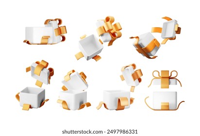 3D Gift box set isolated. Render collection of colorful wrapped box. Christmas, new year, sale, Shopping. present box with bows ribbons. Giftbox for valentine, birthday, holiday. Vector illustration