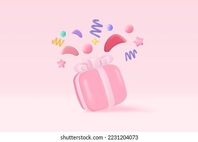 3d gift box set with pastel ribbon bow and flying confetti. Firecracker explodes with ribbon explode for surprise, winner, birthday party and anniversary. 3d gift box icon vector render illustration