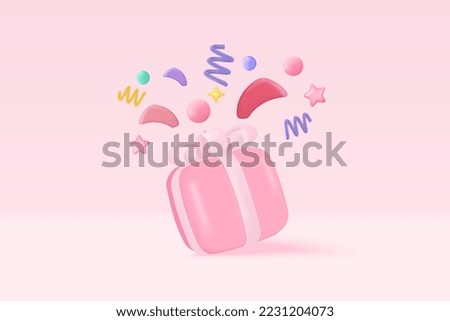 3d gift box set with pastel ribbon bow and flying confetti. Firecracker explodes with ribbon explode for surprise, winner, birthday party and anniversary. 3d gift box icon vector render illustration
