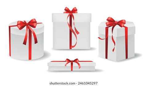 Conjunto de caja de regalo 3D con lazos y cintas rojas. Cajas de regalo blancas realistas diferentes Formas maquetas, casos sorpresa Plantillas Ilustración vectorial aislada