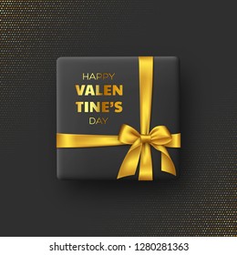 3d gift box with silk bow and ribbon on black glitter spotted background. Decorative love concept for Valentines day. Vector illustration.
