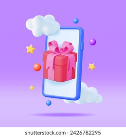 3D Gift Box in Smartphone Isolated. Render Giftbox on Mobile Phone Screen. Receiving Surprise Box Online. Digital Purchase or E-commerce Concept. Promo Store, Gift Card. Vector Illustration