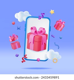 3D Gift Box in Smartphone Isolated. Render Giftbox on Mobile Phone Screen. Receiving Surprise Box Online. Digital Purchase or E-commerce Concept. Promo Store, Gift Card. Vector Illustration