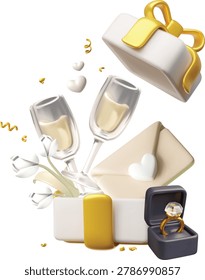 3D gift box with wedding golden ring with diamond in black case, champagne glasses, tulip flowers and envelope. Romantic event love surprise. Engagement jewelry present. Valentine's Day celebration